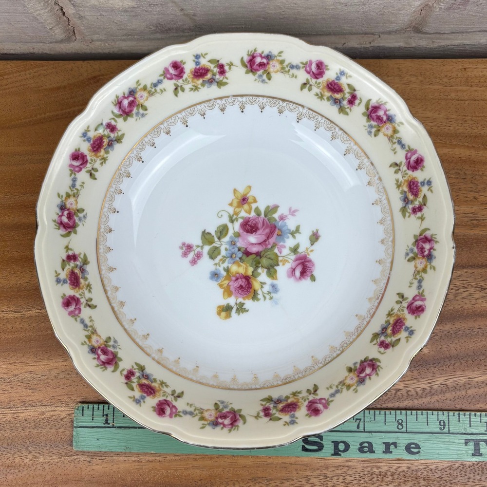 Vintage Occupied Japan Gold Castle Floral‎ Serving Bowl Rose Garland China